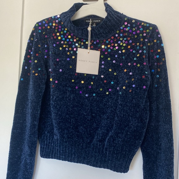 Honey Punch Navy Blue Embroidered Turtleneck Sweater - Picture 3 of 8